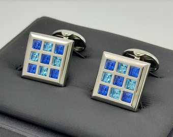 Hand made Blue Topaz and Sapphire crystal cufflinks, wonderful Gifts for him! FREE SHIPPING.