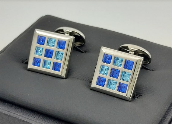 Hand made Blue Topaz and Sapphire crystal cufflinks, wonderful Gifts for him! FREE SHIPPING.