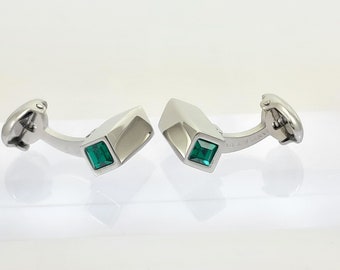 Emerald Crystal cufflinks, Men's cuff links, Gift for him. hand made Stainless Steel cufflinks, FREE Shipping!