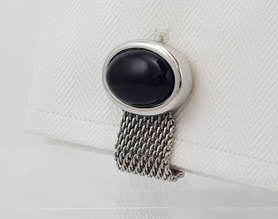 Art Deco Onyx Mesh Wrap Cufflinks - Handmade Designer Accessory for Formal Events