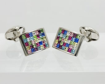 Exquisite multicoloured crystal cufflinks for him, Rainbow cufflinks, Hand made cuff links, FREE DELIVERY!