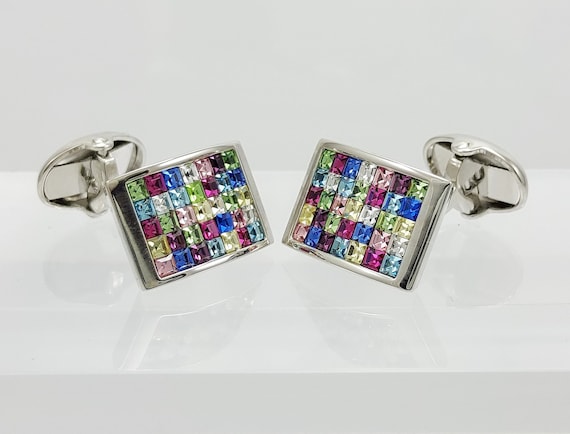 Exquisite multicoloured crystal cufflinks for him, Rainbow cufflinks, Hand made cuff links, FREE DELIVERY!