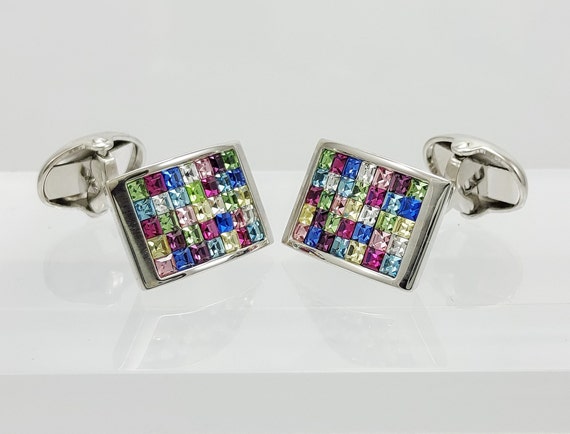 Handcrafted Rainbow Crystal Cufflinks: Elegant Men's Accessory for Weddings, Anniversaries & Gifts