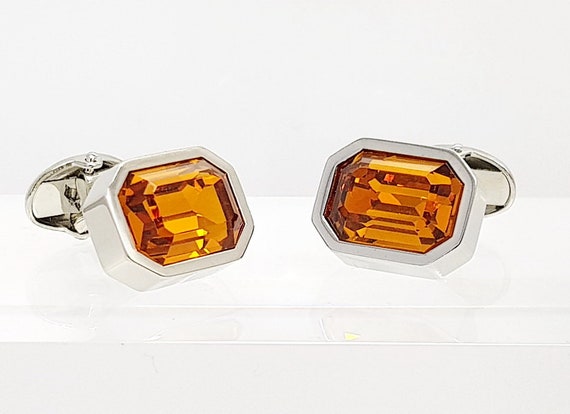 Rare Austrian Cut Topaz Crystal Cufflinks - Silver Rhodium Plated, Octagon Shape, Handmade Elegance