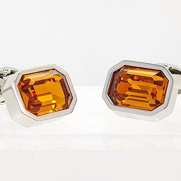 Rare Austrian Cut Topaz Crystal Cufflinks - Silver Rhodium Plated, Octagon Shape, Handmade Elegance