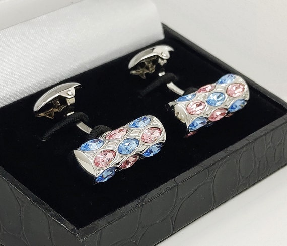 Blue Topaz and rose crystal cufflinks, gorgeous navette crystal cufflinks , gift for him. FREE SHIPPING!