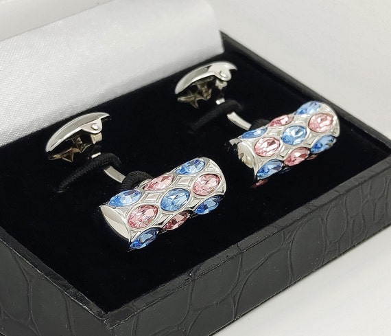 Elegant Blue Topaz & Rose Crystal Navette Cufflinks: Trendy Statement Gift for Men, Free Shipping