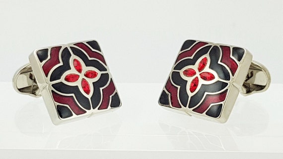 Hand painted Vintage enamel cufflinks, Ruby crystal, Birthstone cufflinks, Gift or him cuff links. FREE DELIVERY!!