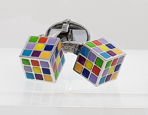 Colorful 3D Rubik's Cube Enamel Cufflinks - Retro Hand-Painted Accessories for Weddings & Gifts
