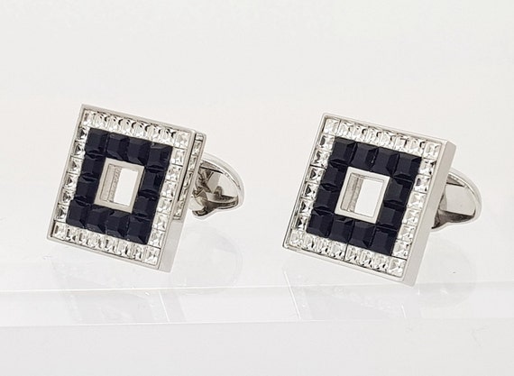 Men's Art Deco hand made Black and white diamond crystal cufflinks, great cufflinks for a Wedding, Groomsman and Best man. + FREE SHIPPING!