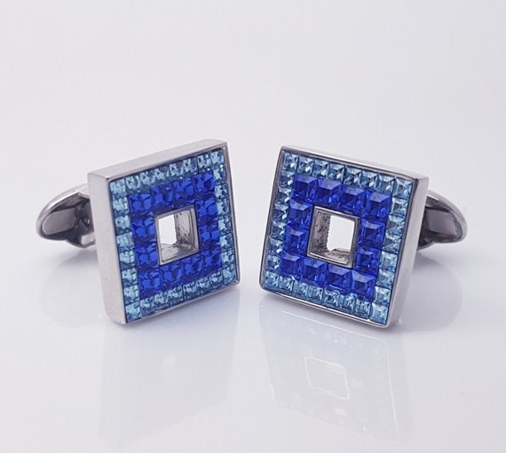 Hand made Men's Art Deco hand made Sapphire and Aqua marine crystal cufflinks, perfect for a Wedding, Groomsman, Best man. + FREE SHIPPING!