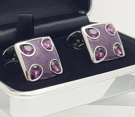 Exquisite Vintage 1970's Austrian Amethyst pear drop crystal cufflinks with Purple hand enamelled surface. FREE DELIVERY!!