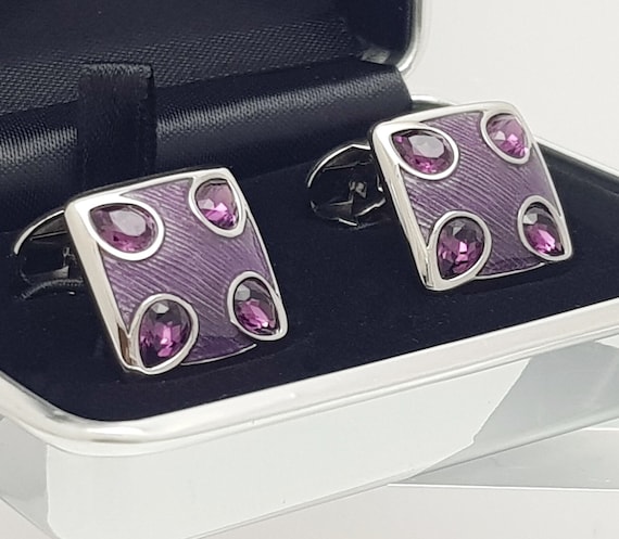 Vintage 1970s Austrian Amethyst Crystal Cufflinks with Purple Enamel - Elegant Mens Accessories