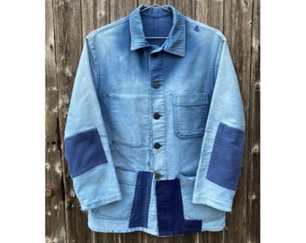Vintage French Workwear Jacket S 60s Faded Moleskin Repaired