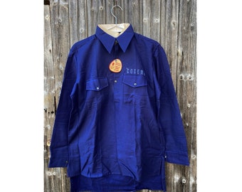 Camisa del abuelo azul francés de la década de 1960, talla L