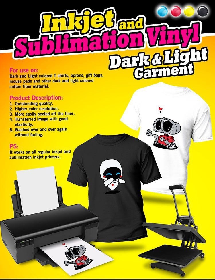 Sublimation/inkjet Vinyl Sublimation Vinyl-inkjet Vinyl Dark and Light  Garment / Sublimation on Cotton Garment 10 Sheets 