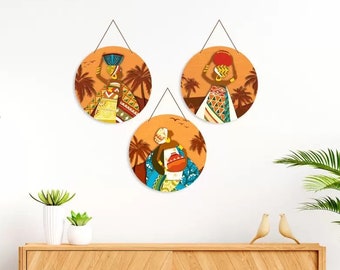 Runde Wanddekorationen aus Holz zum Aufhängen, Afrika-Illustrationen, 3er-Set
