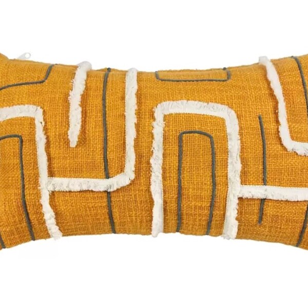 Housse de coussin bohème bleu gris et jaune moutarde, 50/30 cm