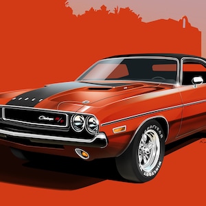 Challenger RT, 1970, Dodge Muscle Car Print Artwork, Red, Orange, GoMango
