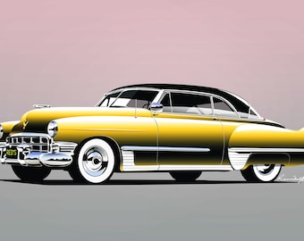 May include: A yellow and black 1949 Cadillac Coupe DeVille with chrome accents. The car has a black roof and a chrome bumper. The car is on a grey background.