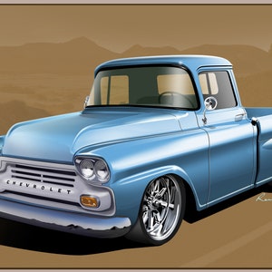 1958 Chevy Apache Pick-up Fleet Side Truck Print Original Drawing