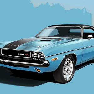 1970 Dodge Challenger R/T Print of Original Artwork Light Blue Poly