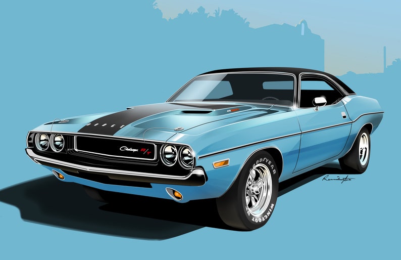 1970 Dodge Challenger R/T Print of Original Artwork Light Blue Poly