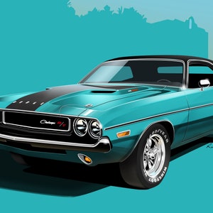 1970 Dodge Challenger R/T Print of Original Artwork Light Turquoise