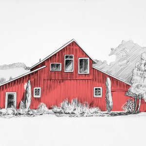 Country Barn Drawing Artwork Ranch Decoration