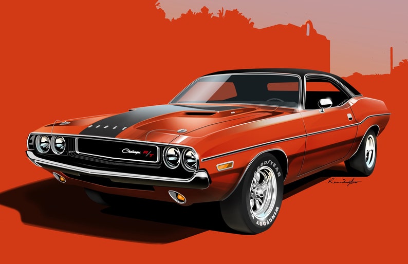 Challenger RT, 1970, Dodge Muscle Car Print Artwork, Red, Orange, GoMango