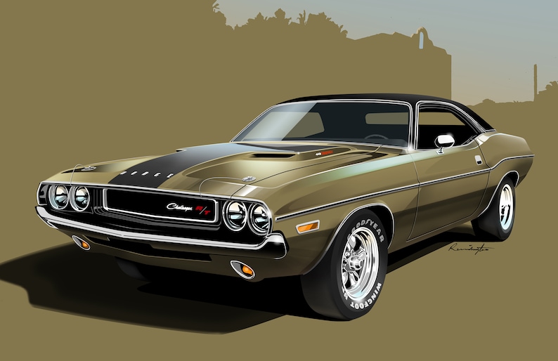 1970 Dodge Challenger R/T Print of Original Artwork Gold