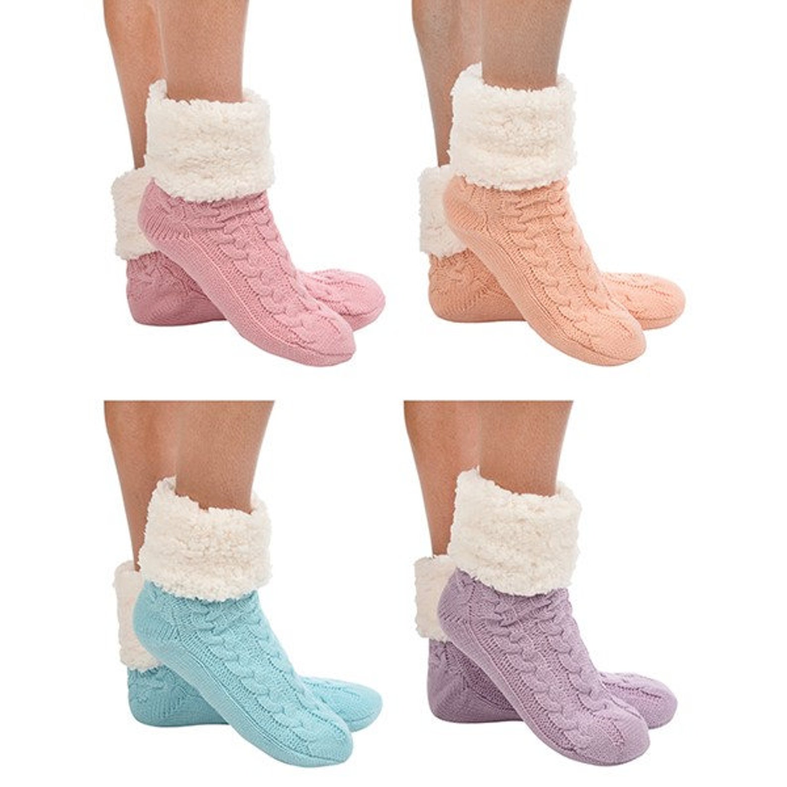 Snoozies Slipper Socks Cuffed Cable 4 Colours Sherpa Fleece Etsy UK
