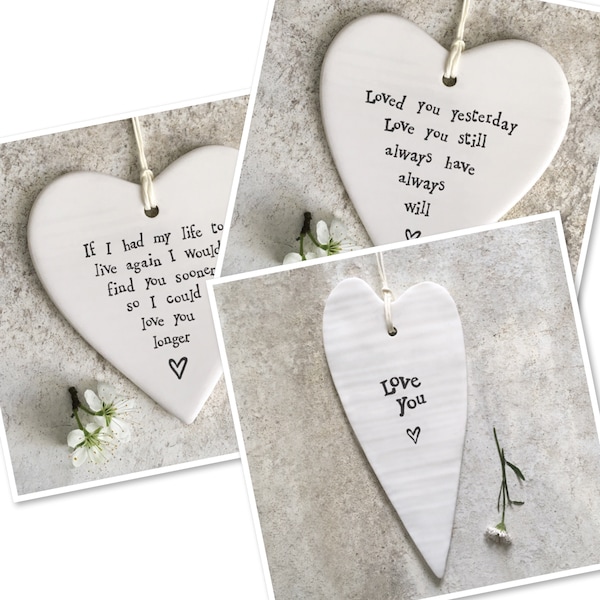 East of India porcelain hanging hearts Valentines Gift Love you 9.5 x 8.5 cm