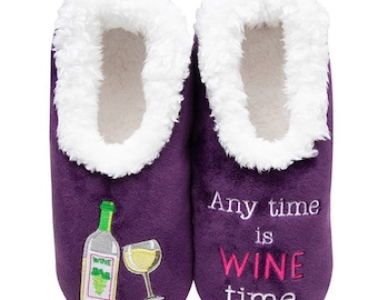 Snoozies Slippers Sherpa Fleece Ladies Non Slip  Any Time Is Wine Time Slippers Uk All Sizes 3-7 UK