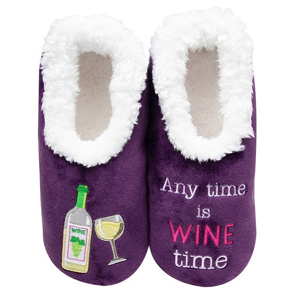 Snoozies Slippers Sherpa Fleece Ladies Non Slip  Any Time Is Wine Time Slippers Uk All Sizes 3-7 UK