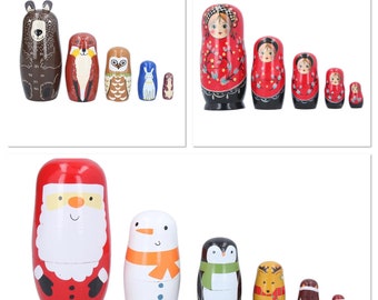 Set Of 5 Wooden Christmas Matryoshka Dolls- Lovely Gift Home Decor Woodland Animal