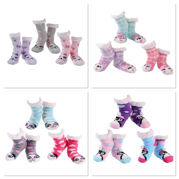 Girls Nuzzles Sherpa Slipper Socks Cosy Toes Super Soft dots - Unicorn Panda Penguin Cat