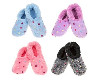 Snoozies Fleece Slippers Lots A Dots Warm Cosy Non Slip All Sizes 3-7 Uk Womens Girls