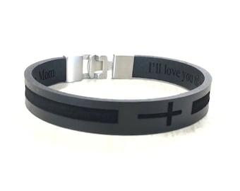 Men&#39;s Leather Bracelet,Personalized Cross Bracelet,Religious Leather Accessories,Memorial Bracelet for Men,Bracelets for Him,Confirmation