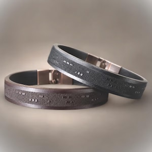 3D Personalized Men's Full Grain Leather Bracelet, Morse Code Engraved Message, One of a Kind Keepsake
