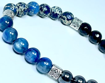 NEW!!! Powerful protecting man bracelet of 4 natural stones:Blue Kyanite , Impression jasper, black onyx, hematite man bracelet 8 mm