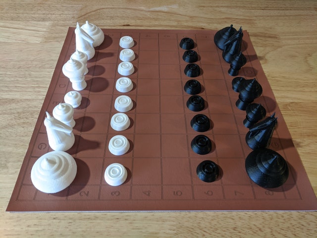 A Makruk Thai ches set in starting array on an 8x8 board