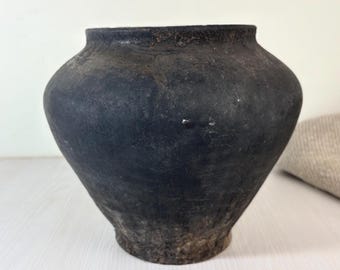 Antique Wabisabi pottery Dusty black Rustic Farmhouse Pot with patina