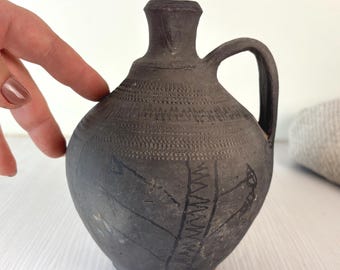 Vintage small gray whine clay jug. Wabisabi old pottery Farm house Rustic Decor