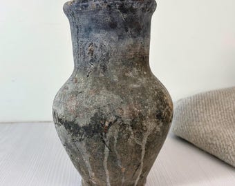 Vintage gray Clay Vase Rustic Wabisabi Pottery Farmhouse old jug with patina
