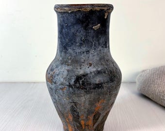 Vintage gray Clay Vase Rustic Wabisabi Pottery Farmhouse old jug with patina