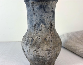 Vintage gray Clay Vase Rustic Wabisabi Pottery Farmhouse old jug with patina