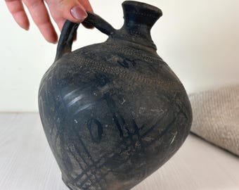 Vintage small gray whine clay jug. Wabisabi old pottery Farm house Rustic Decor
