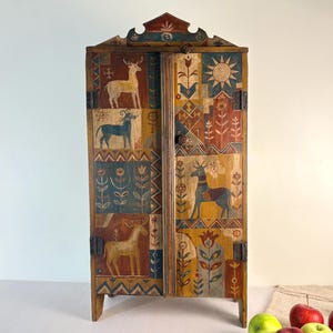 RESERVED for ETSY Design Award.  Vintage Wooden Wall Cupboard with Shelves Hand-Painted Rustic  Folk Art