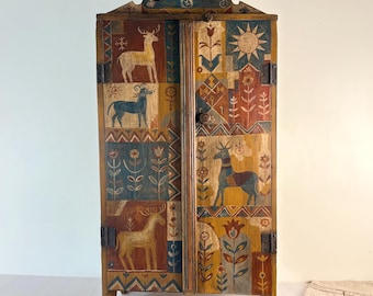 Vintage Wooden Wall Cupboard with Shelves Hand-Painted Rustic  Folk Art